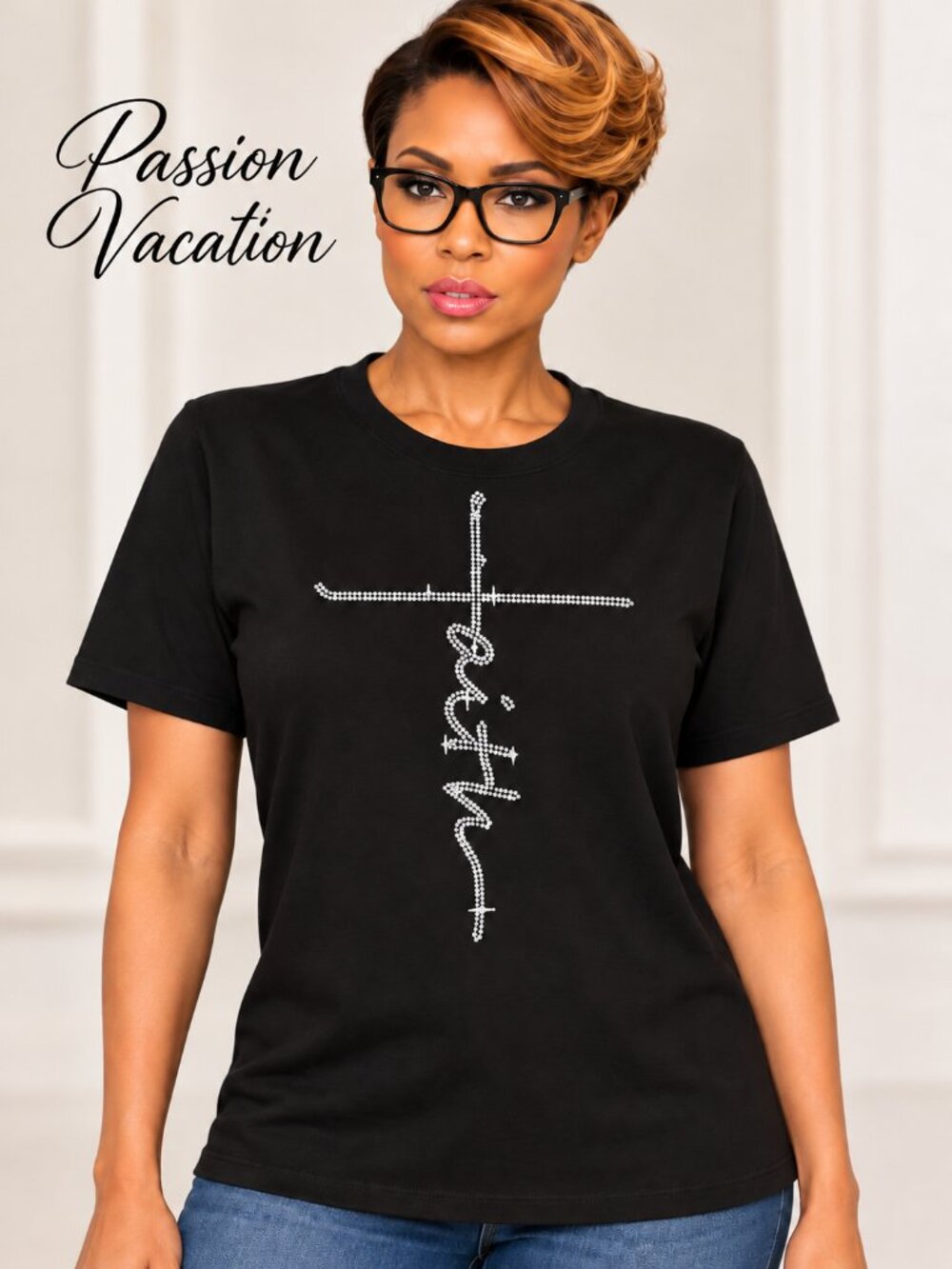 Express your faith with a little sparkle. This black tee features a silver-tone